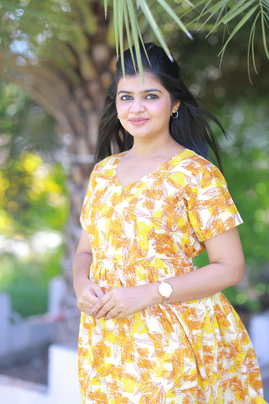 Yellow With Musted Leaf Design  Midi Length Center zip frock