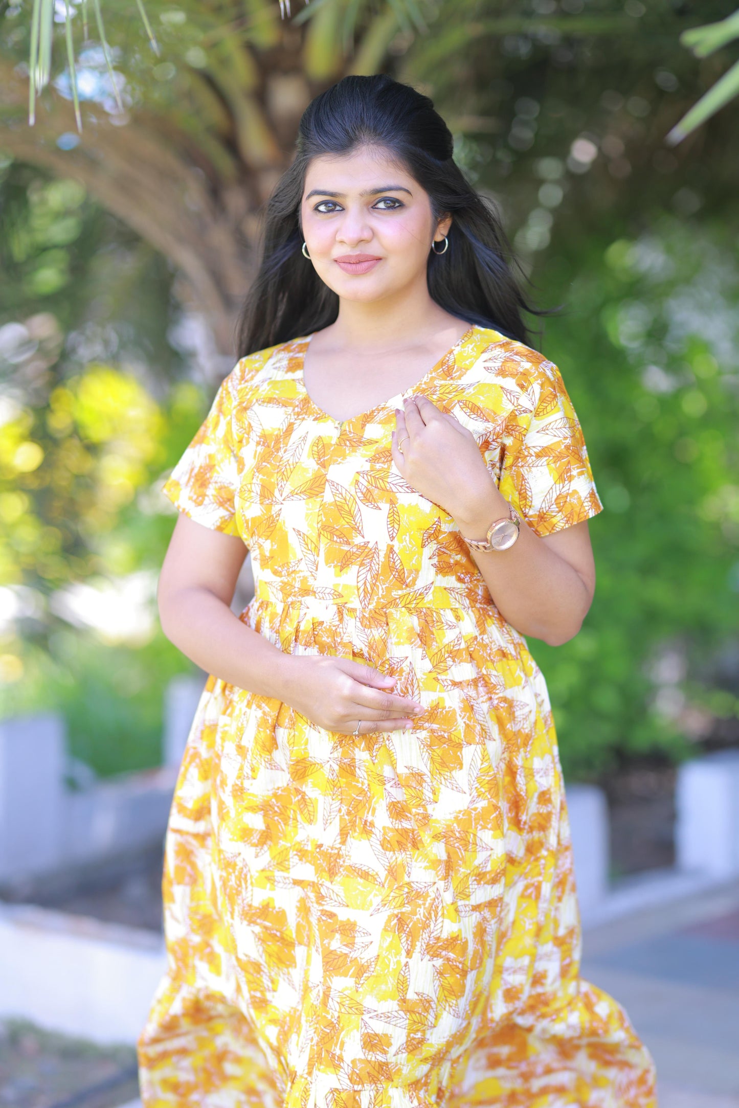 Yellow With Musted Leaf Design  Midi Length Center zip frock