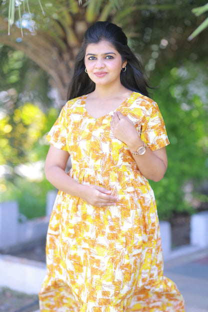 Yellow With Musted Leaf Design  Midi Length Center zip frock