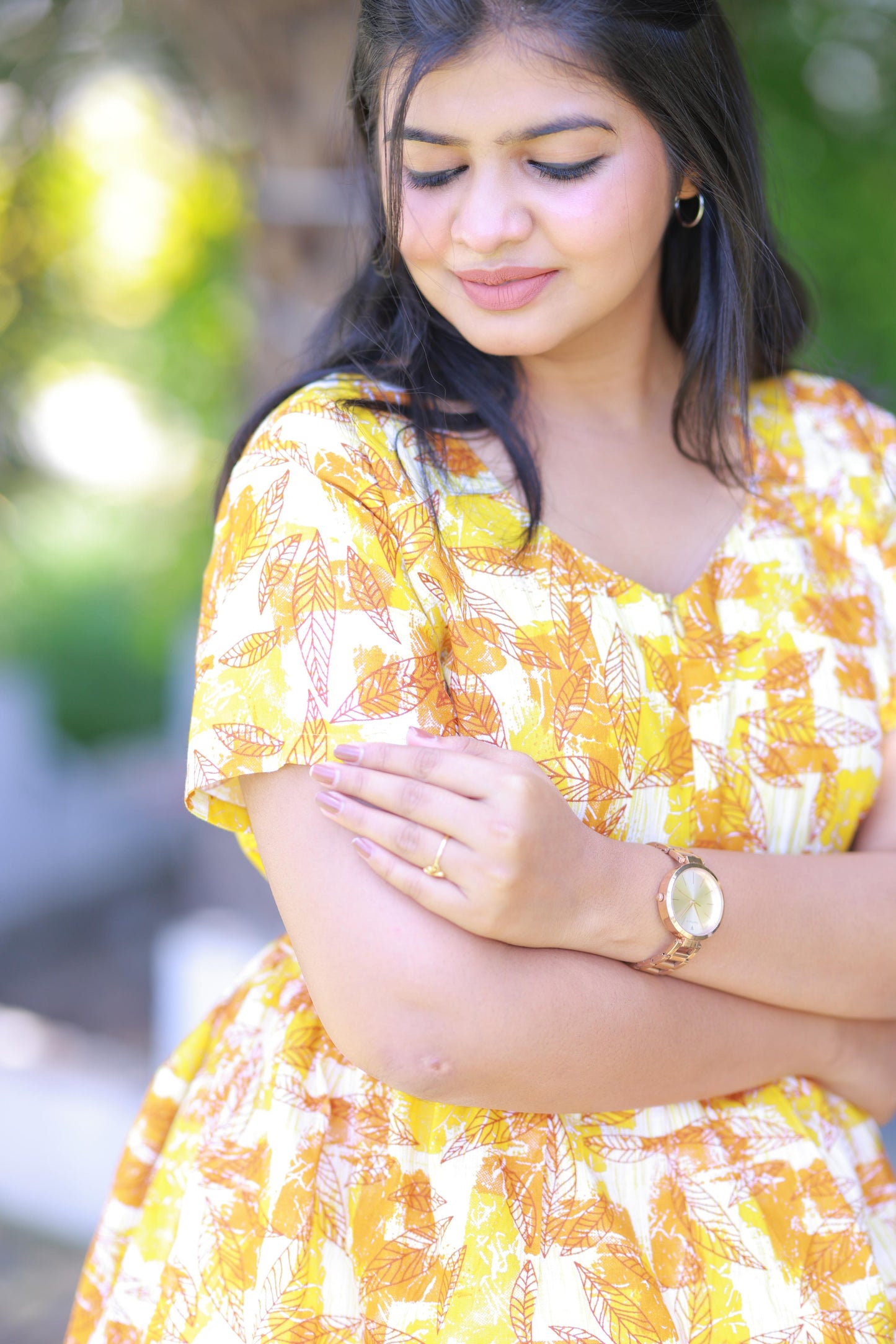 Yellow With Musted Leaf Design  Midi Length Center zip frock