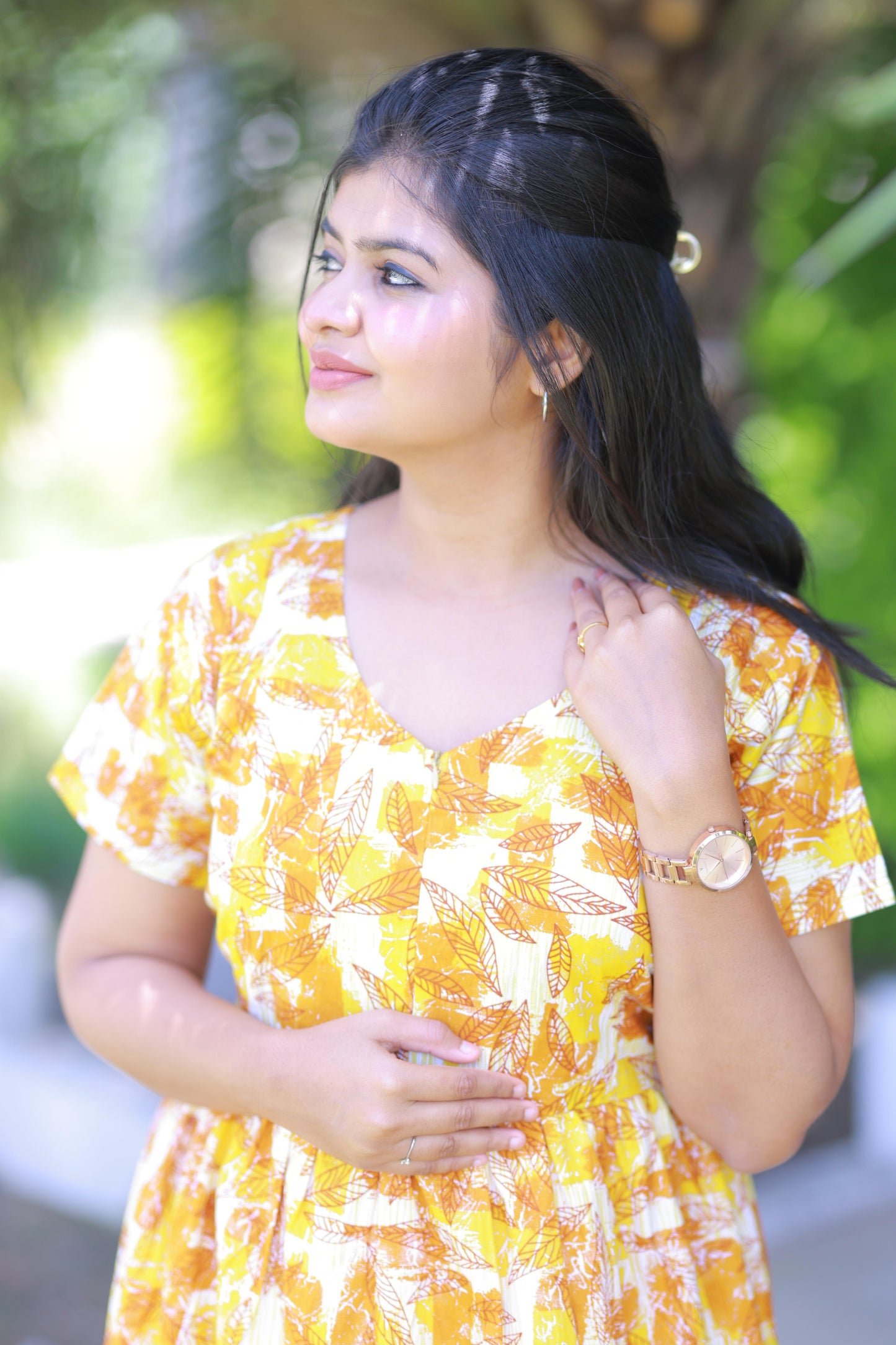Yellow With Musted Leaf Design  Midi Length Center zip frock