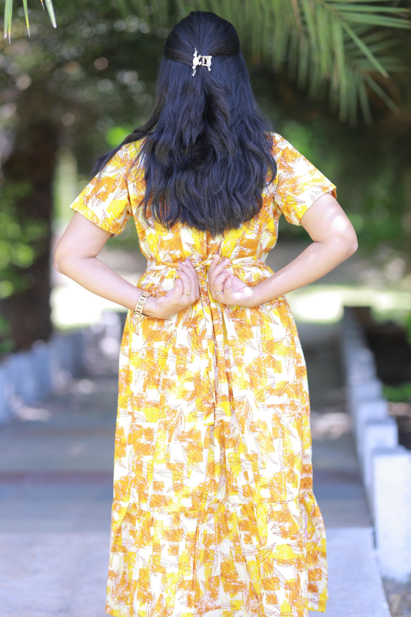 Yellow With Musted Leaf Design  Midi Length Center zip frock