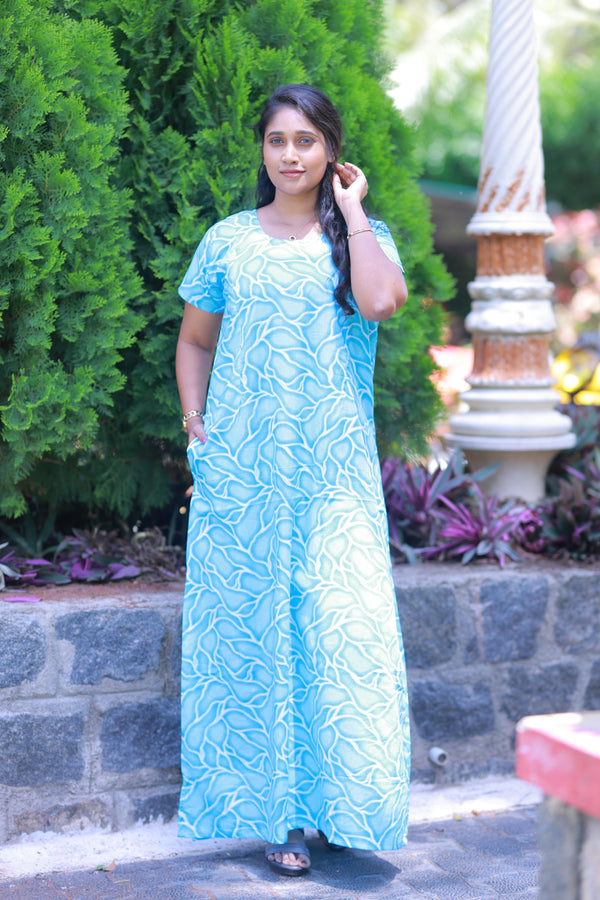 Blue With White Pattern Design Vertical Side Zip Feeding Nighty