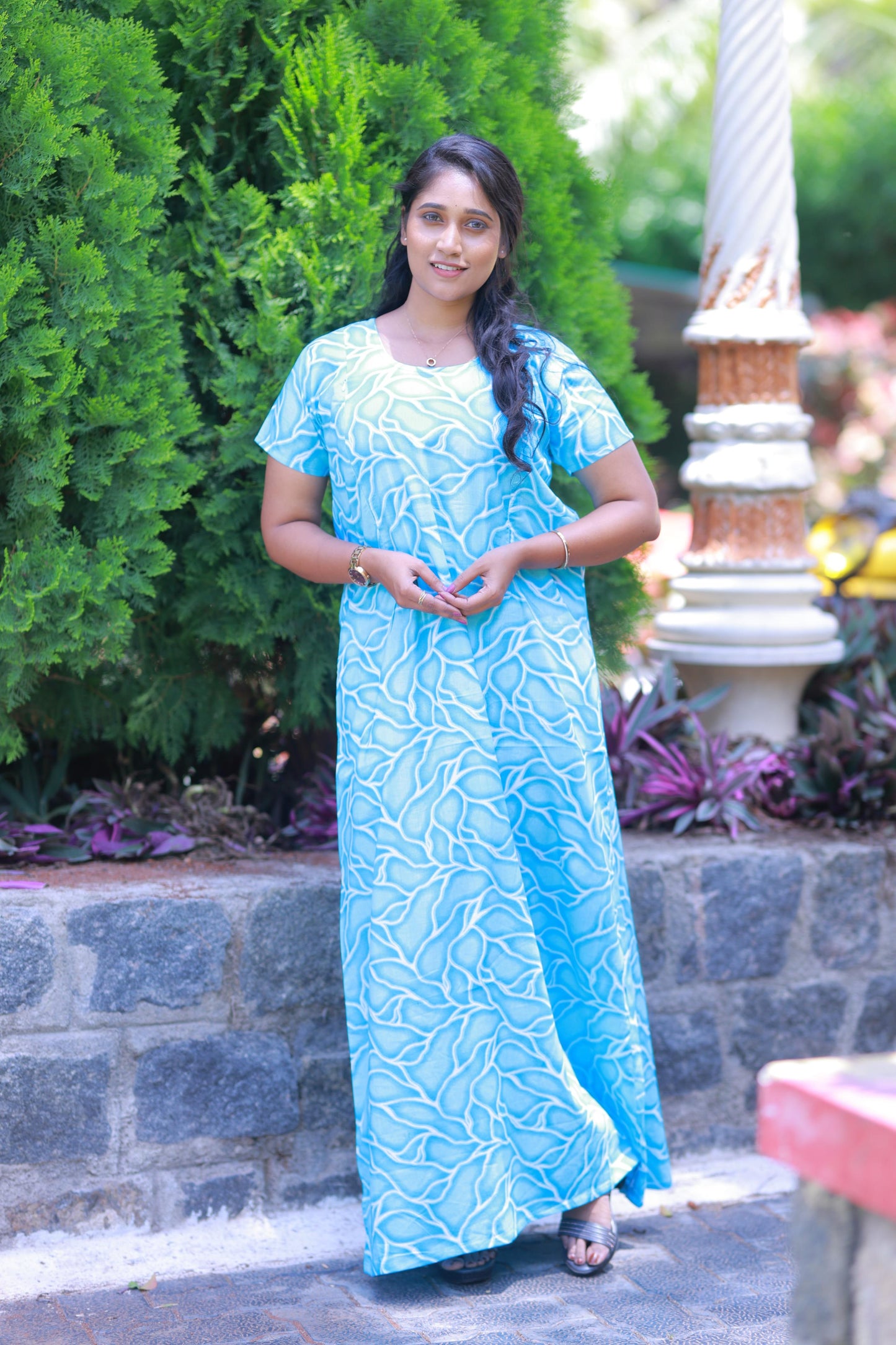Blue With White Pattern Design Vertical Side Zip Feeding Nighty