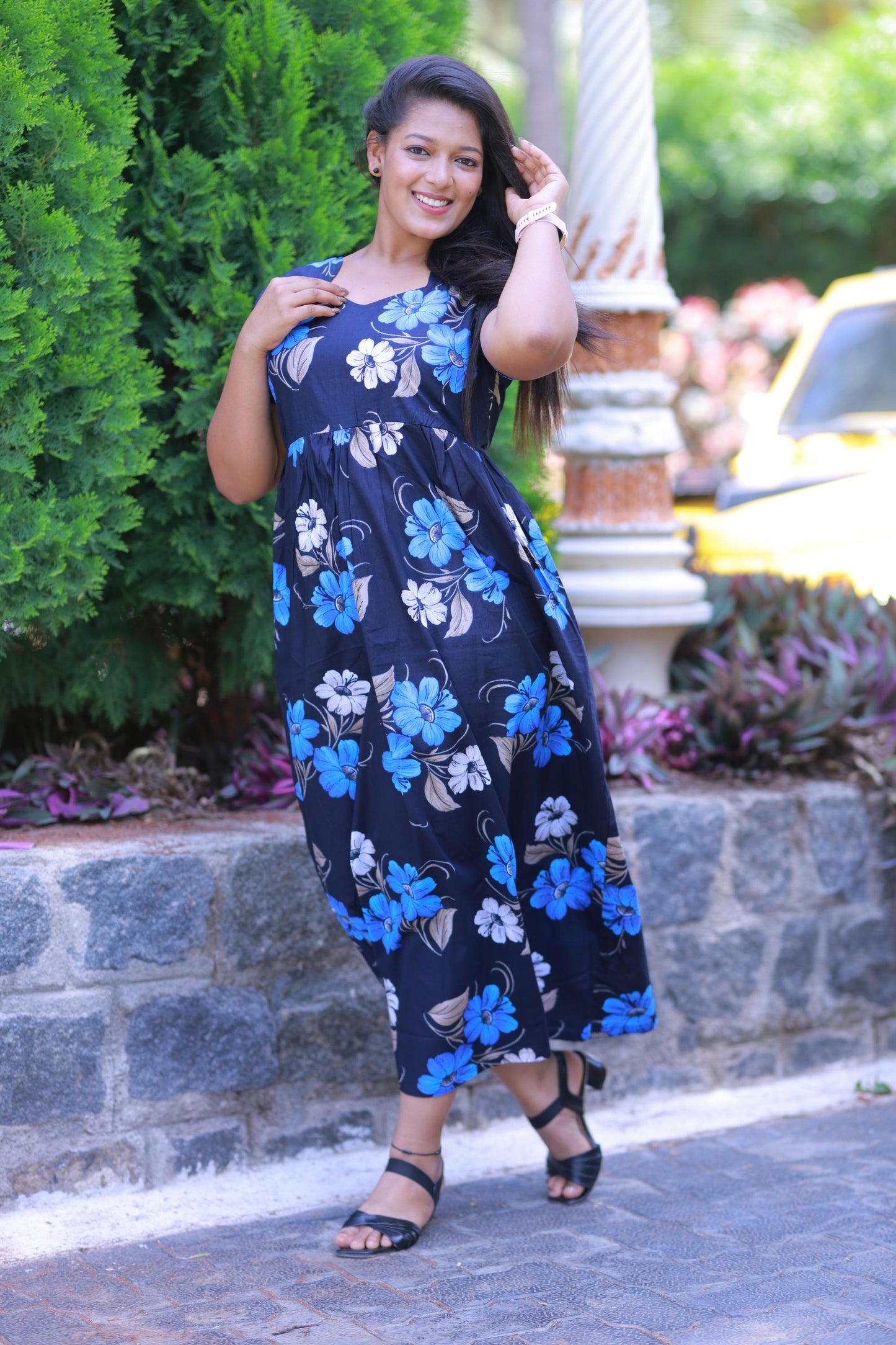 Dark Blue  With Royal Blue and White Flower  Design Without zip  Frock