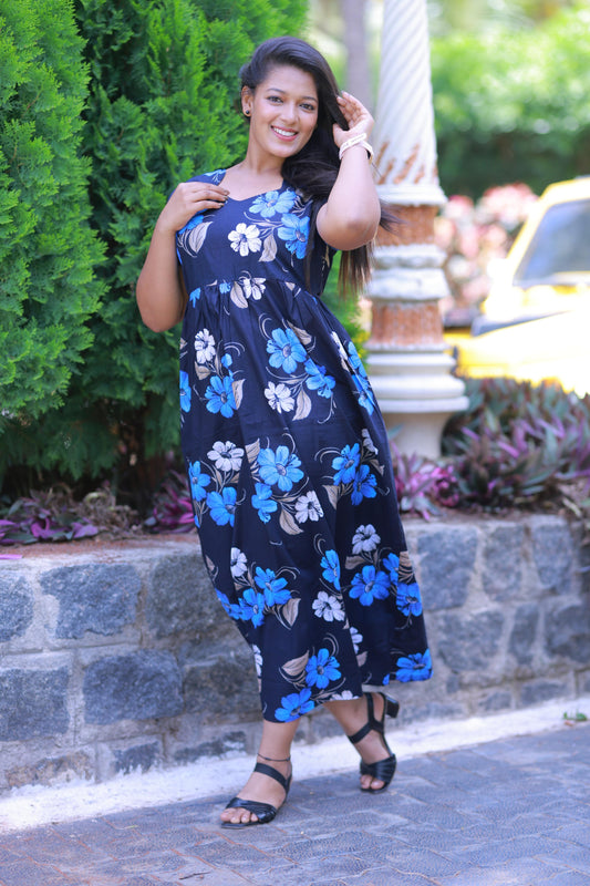 Dark Blue  With Royal Blue and White Flower  Design Without zip  Frock