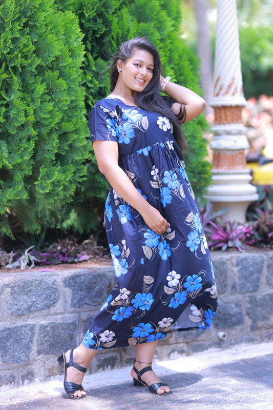 Dark Blue  With Royal Blue and White Flower  Design Without zip  Frock