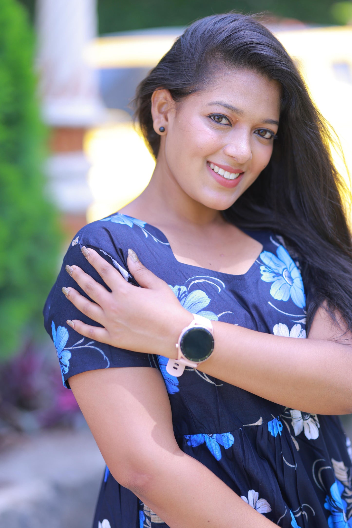 Dark Blue  With Royal Blue and White Flower  Design Without zip  Frock