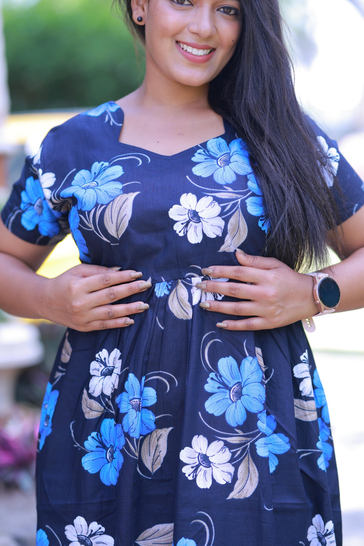 Dark Blue  With Royal Blue and White Flower  Design Without zip  Frock