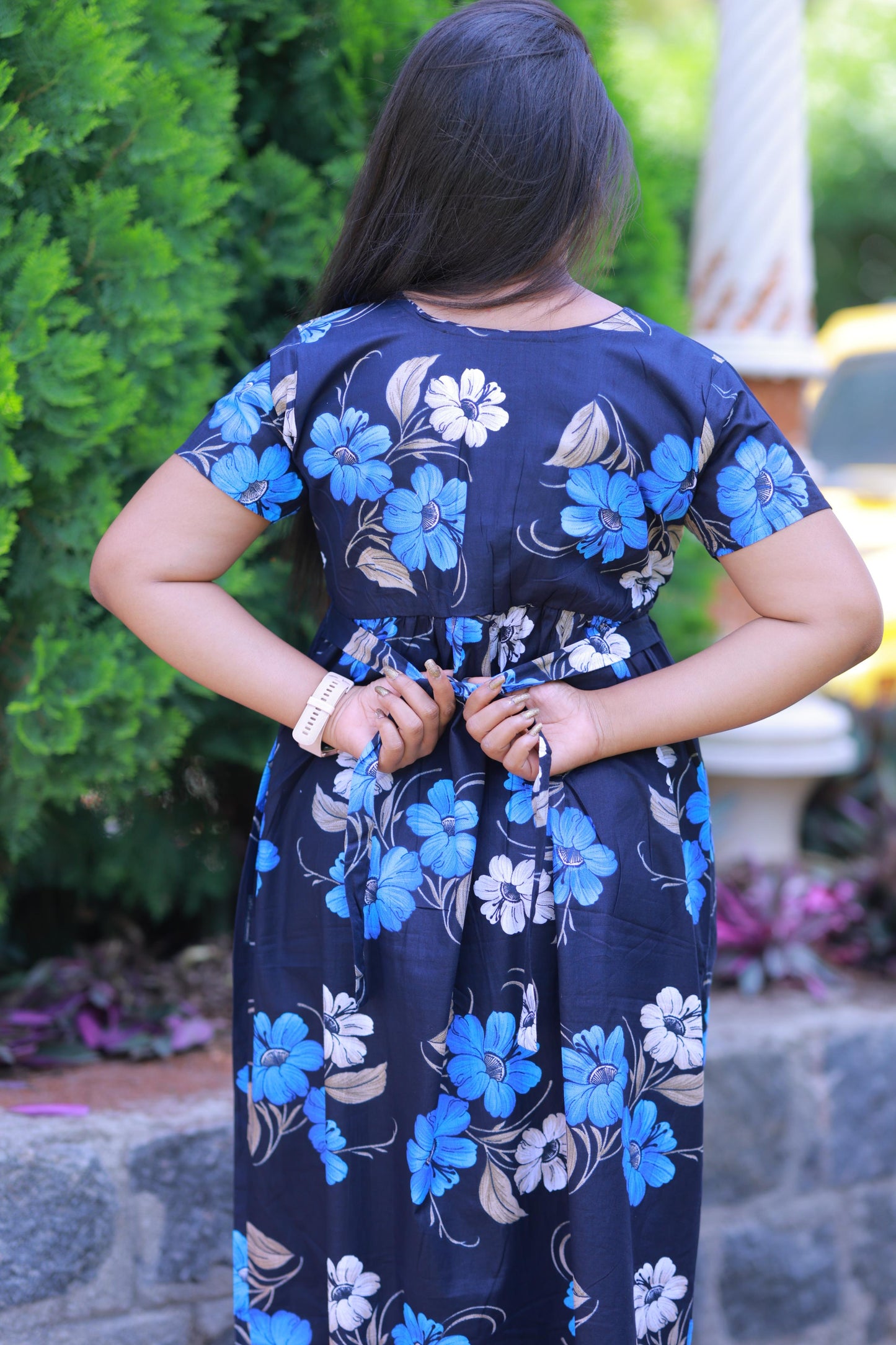 Dark Blue  With Royal Blue and White Flower  Design Without zip  Frock