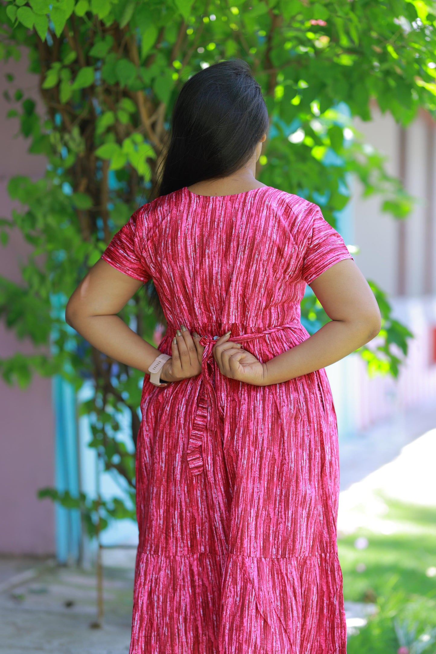 Pink With Brown Midi Length Center zip frock