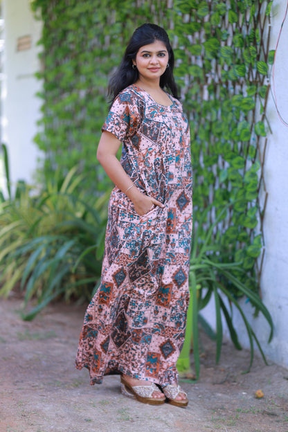 Light Peach With Brown Kalamkari Flower Design Piping Center Zip Nighty