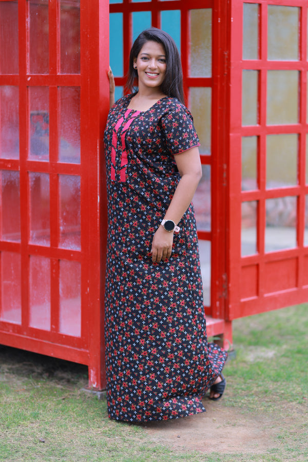 Black With Pink Flower Design W/O Zip Nighty