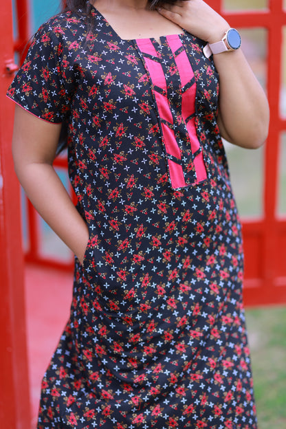 Black With Pink Flower Design W/O Zip Nighty