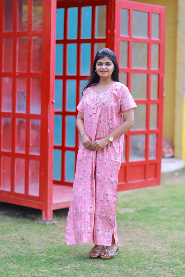 Peach With Green kalamkari Design Piping Without Zip Nighty