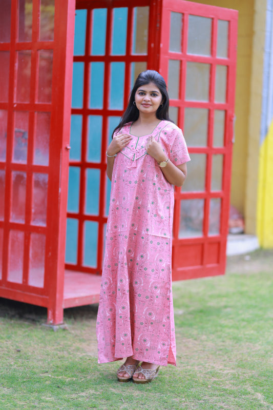 Peach With Green kalamkari Design Piping Without Zip Nighty