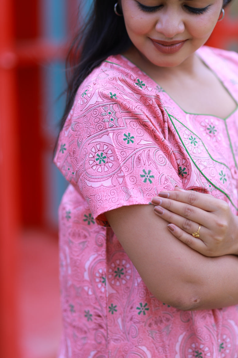 Peach With Green kalamkari Design Piping Without Zip Nighty