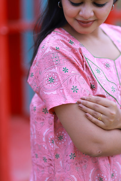 Peach With Green kalamkari Design Piping Without Zip Nighty