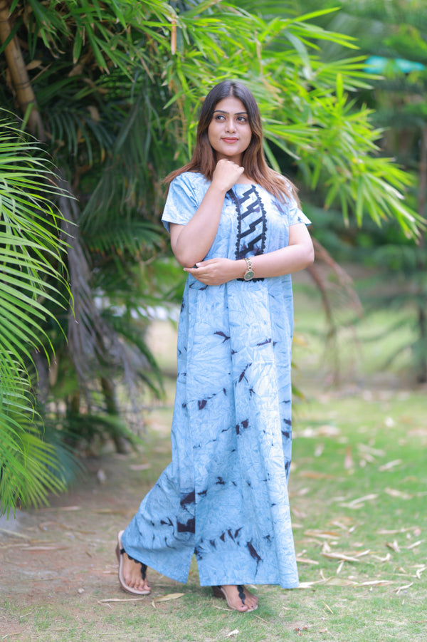 Sky Blue Tie and Dye Design Without Zip Nighty