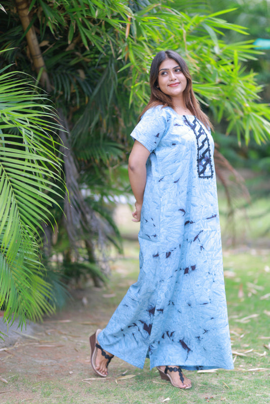 Sky Blue Tie and Dye Design Without Zip Nighty