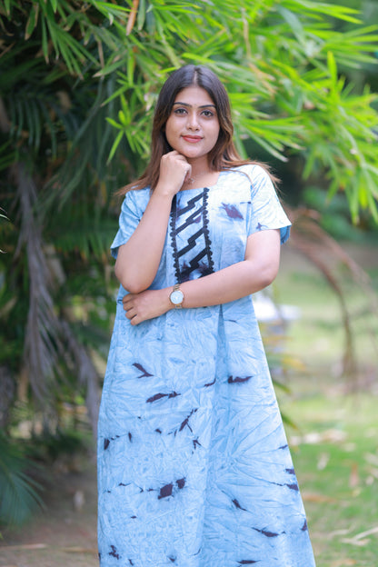 Sky Blue Tie and Dye Design Without Zip Nighty