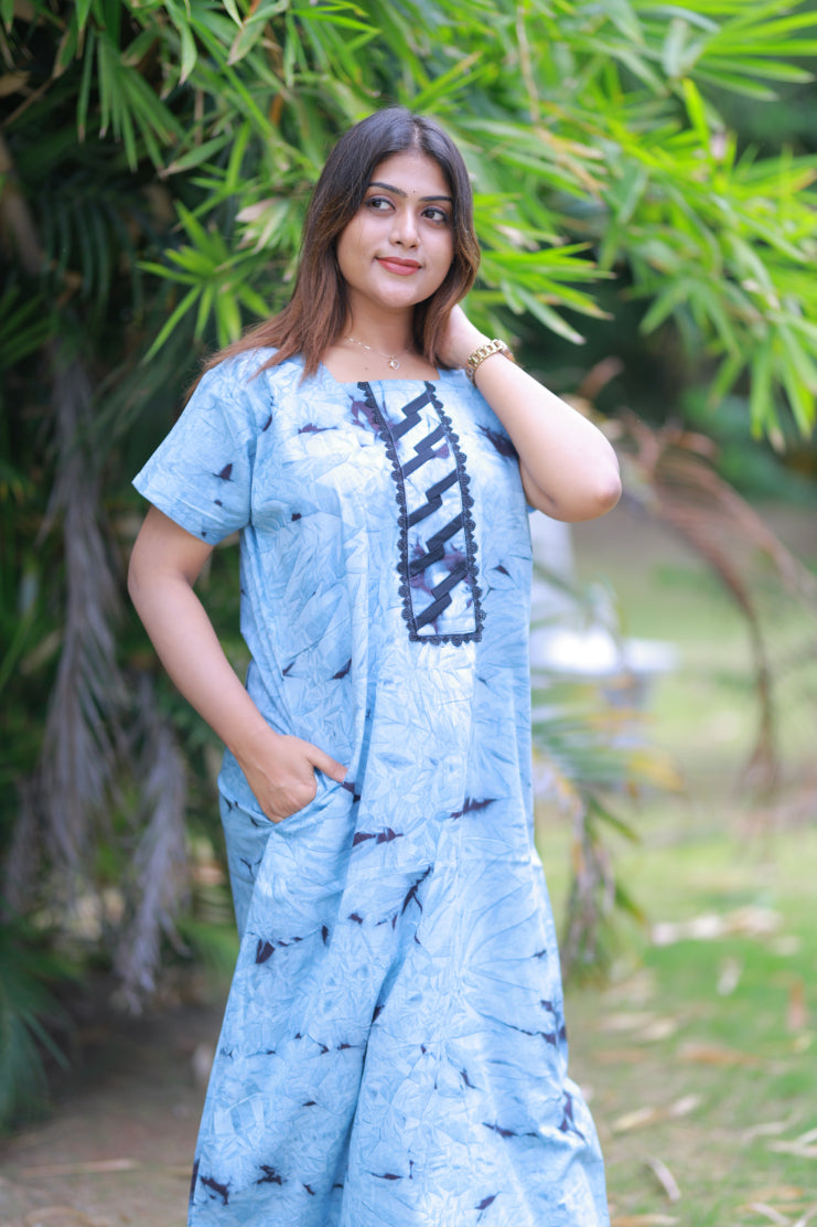 Sky Blue Tie and Dye Design Without Zip Nighty