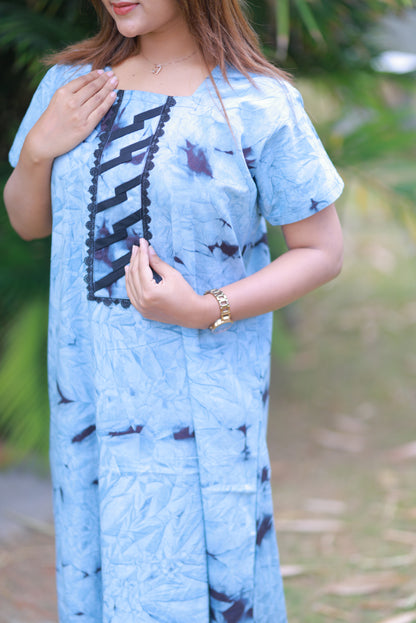 Sky Blue Tie and Dye Design Without Zip Nighty