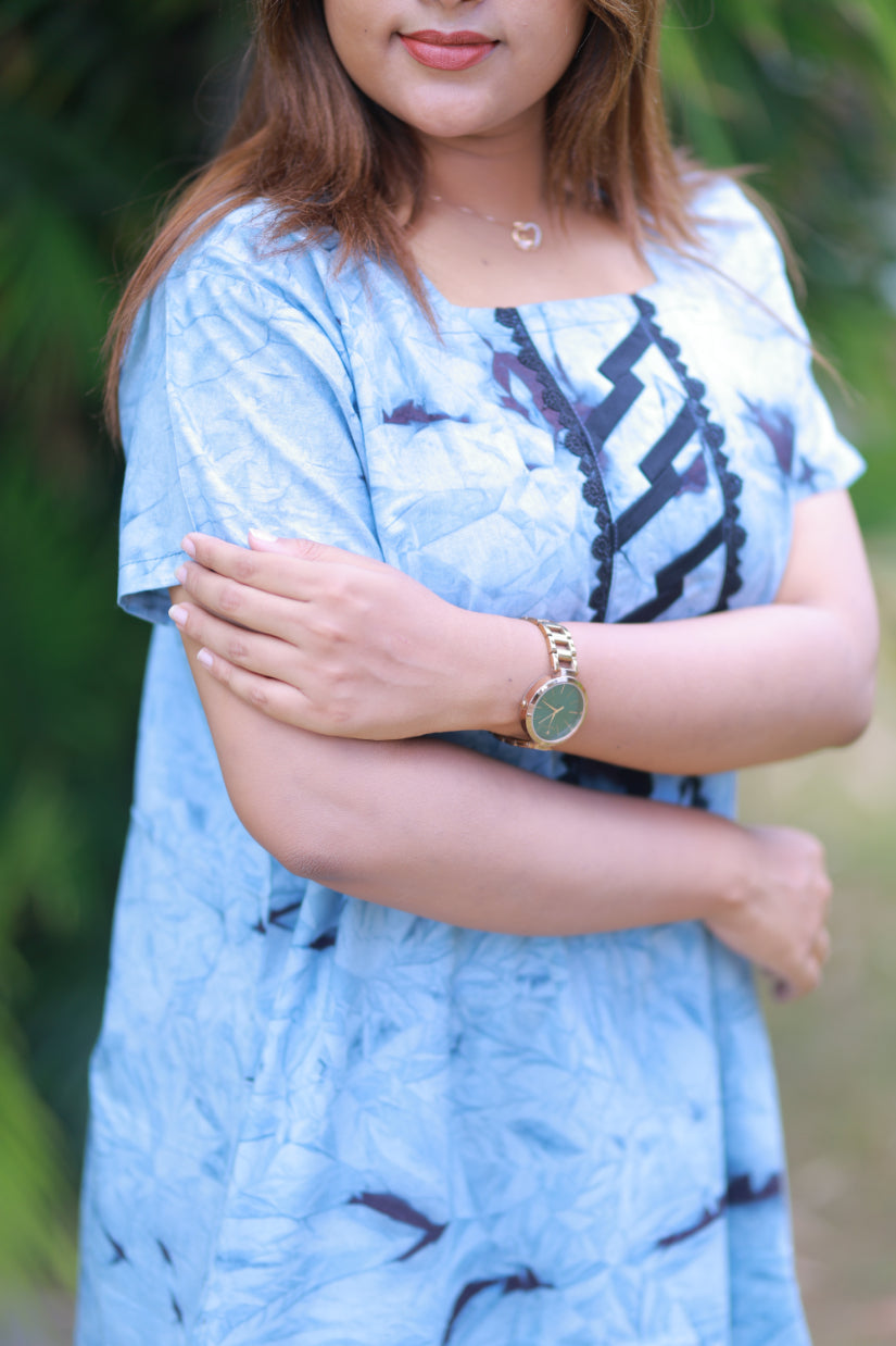 Sky Blue Tie and Dye Design Without Zip Nighty