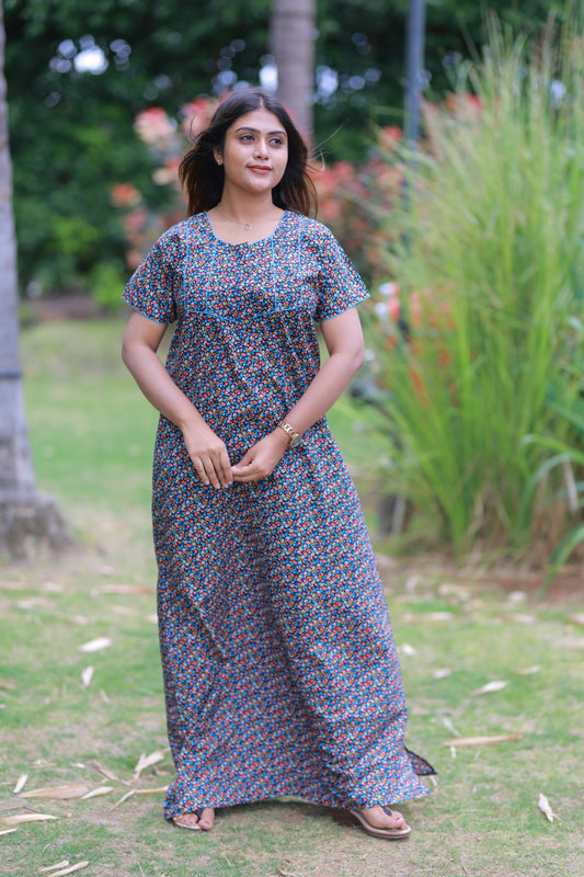 Black With Multicolour Flower Design Piping Zip Nighty