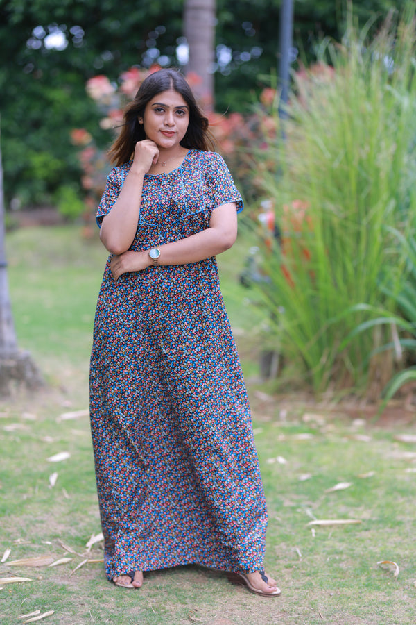 Black With Multicolour Flower Design Piping Zip Nighty