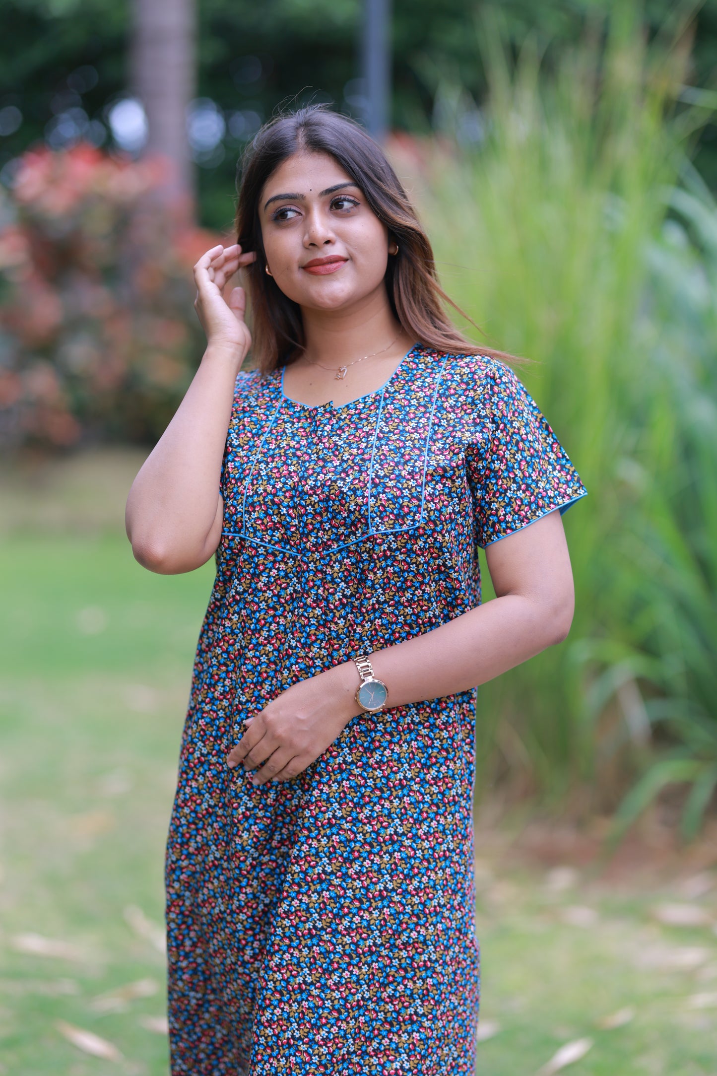 Black With Multicolour Flower Design Piping Zip Nighty