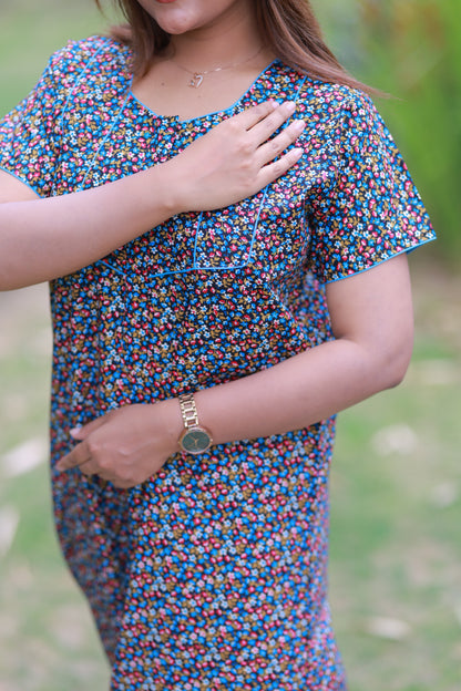 Black With Multicolour Flower Design Piping Zip Nighty