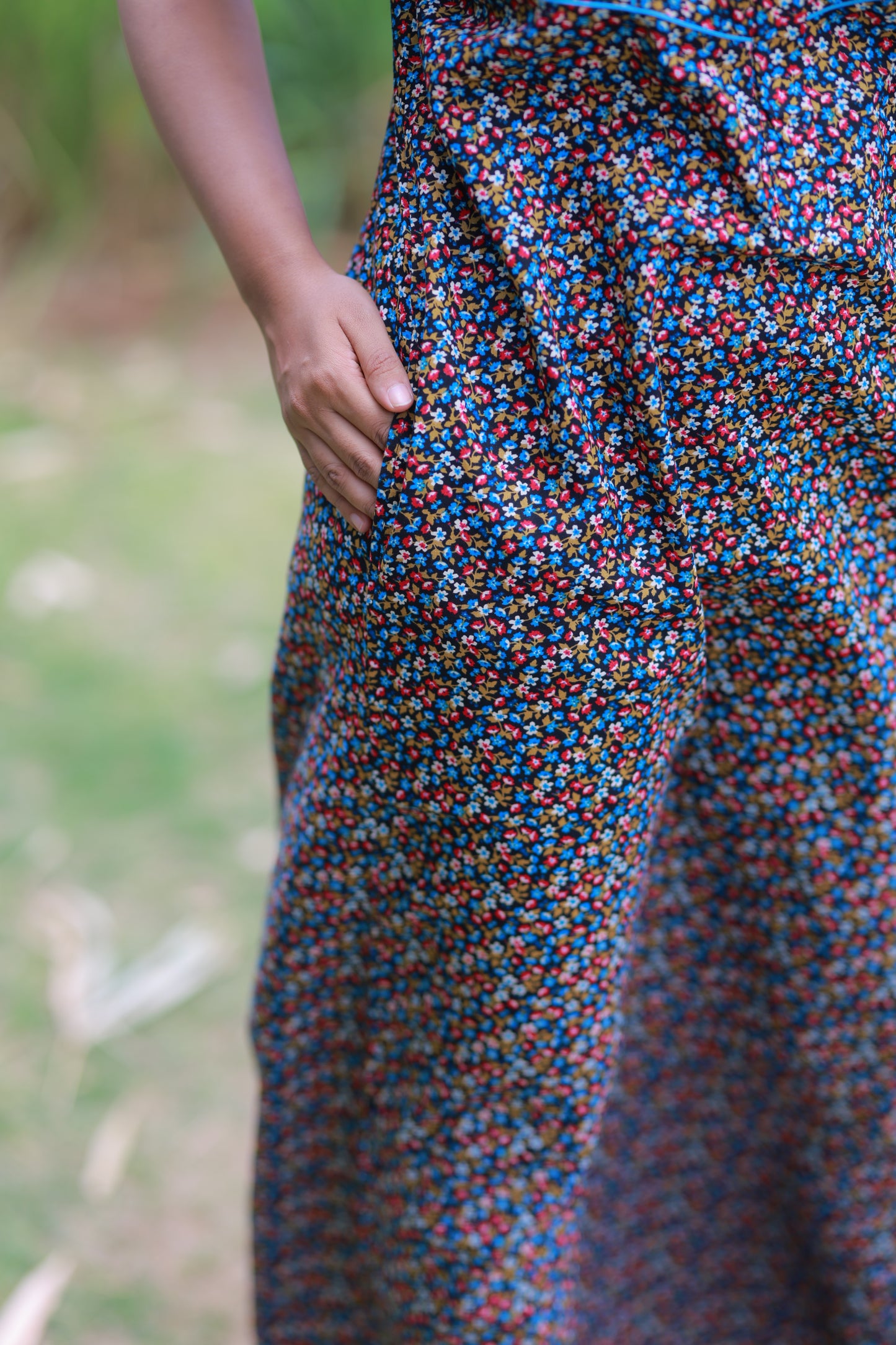 Black With Multicolour Flower Design Piping Zip Nighty