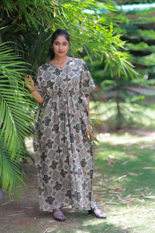 Brown With Green Kalamkari Design kaftan with feeding Side zip