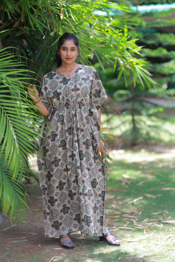 Brown With Green Kalamkari Design kaftan with feeding Side zip