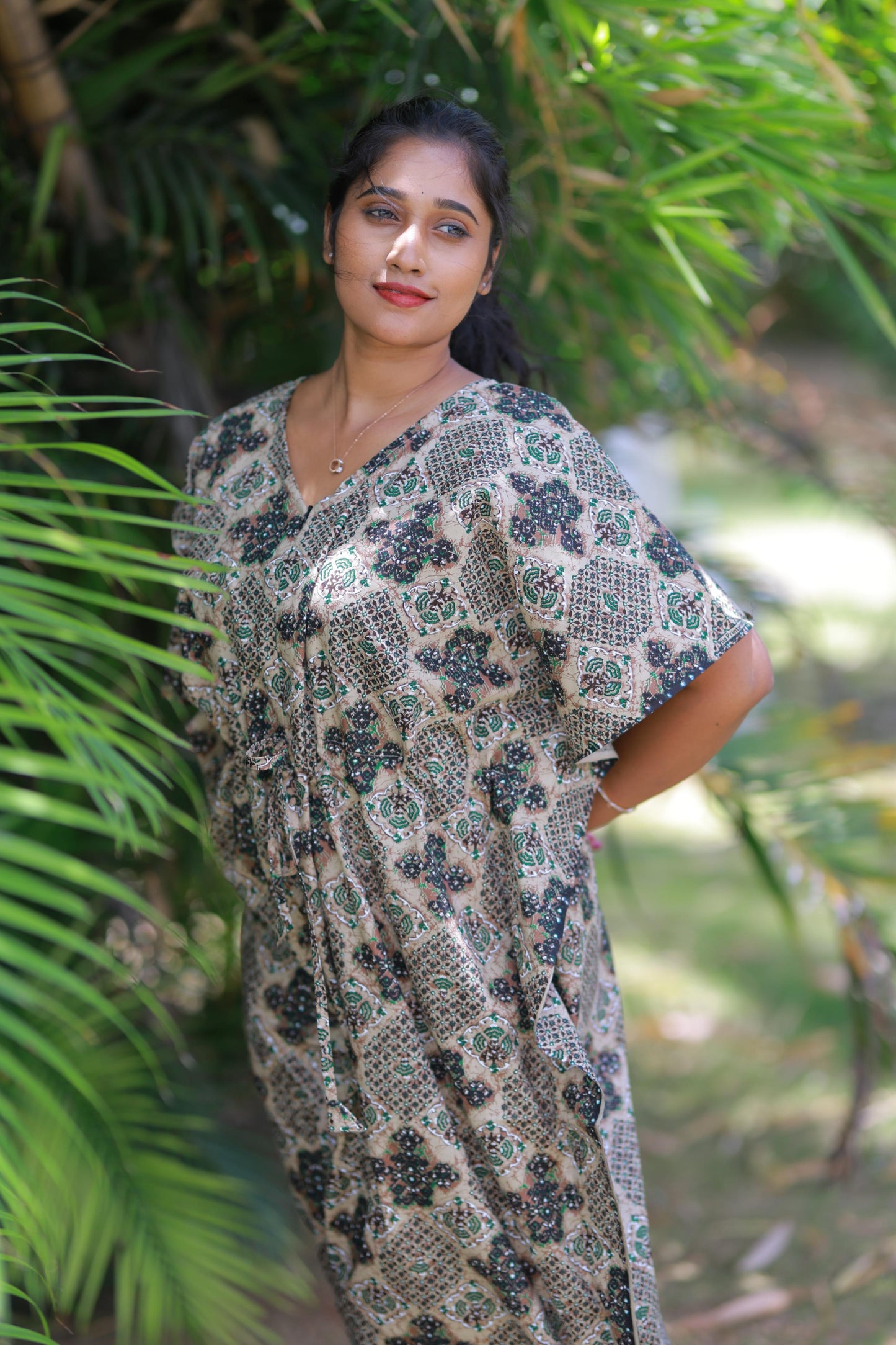 Brown With Green Kalamkari Design kaftan with feeding Side zip