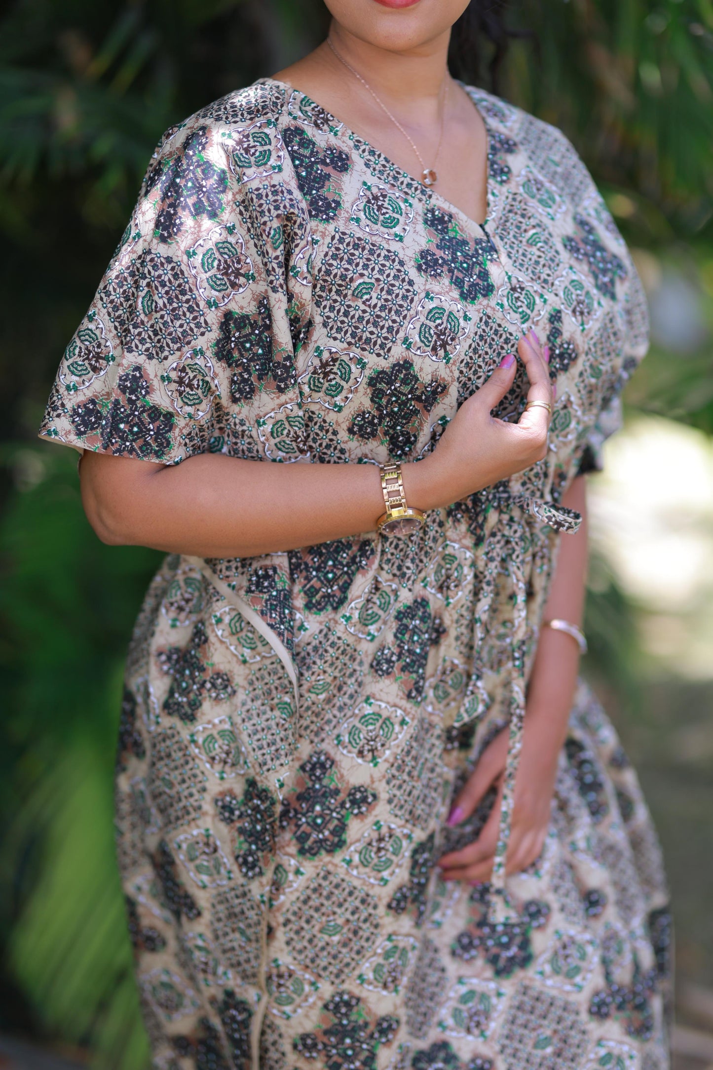 Brown With Green Kalamkari Design kaftan with feeding Side zip