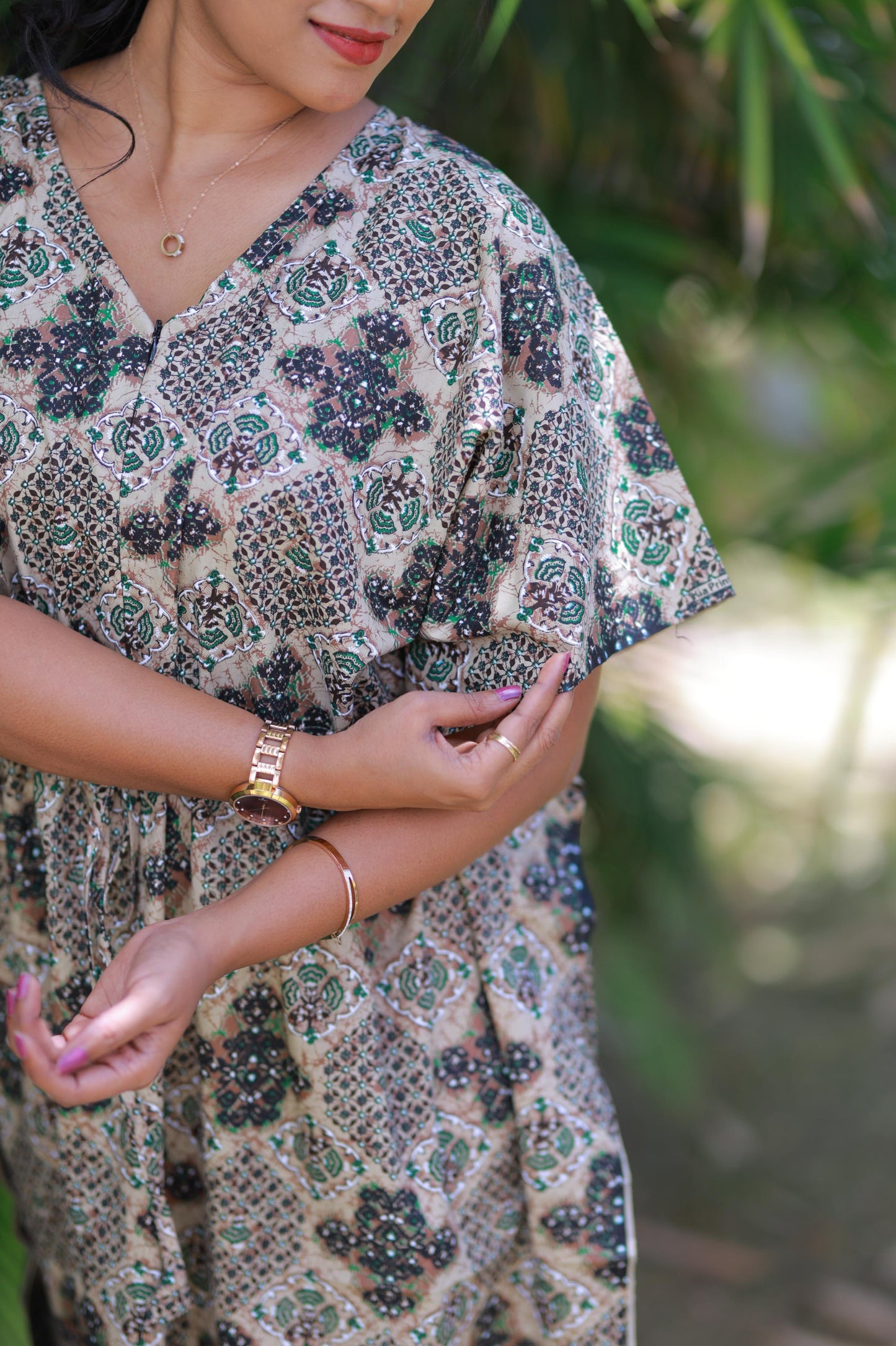 Brown With Green Kalamkari Design kaftan with feeding Side zip