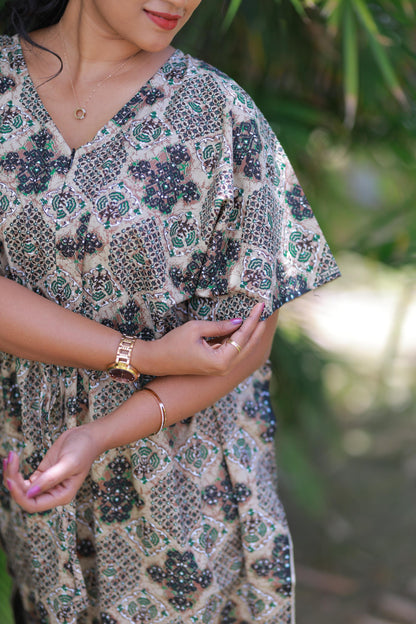 Brown With Green Kalamkari Design kaftan with feeding Side zip