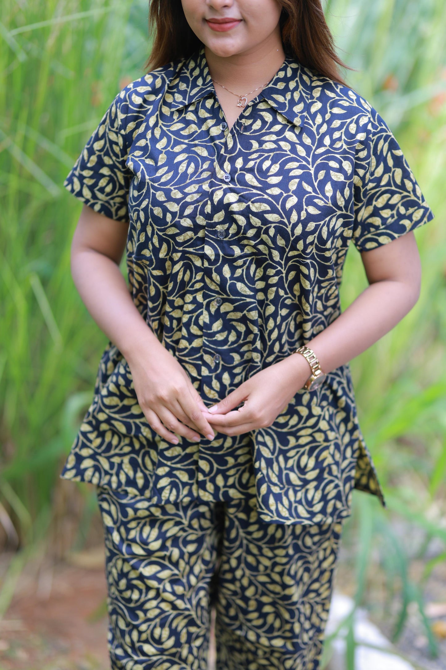 FANCY - Black With Yellow full button collar type Nightdress