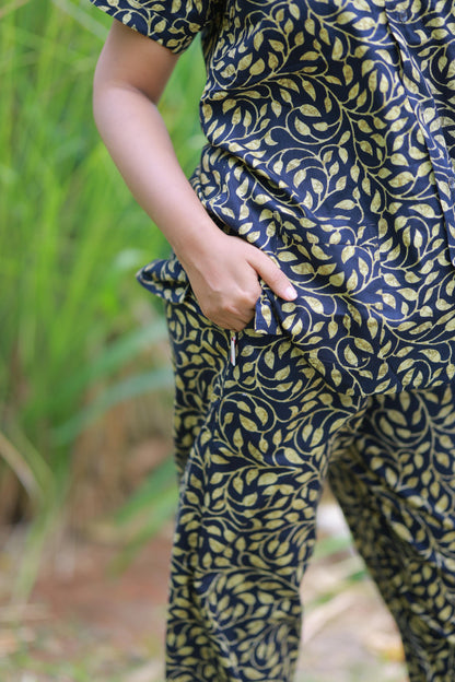 FANCY - Black With Yellow full button collar type Nightdress