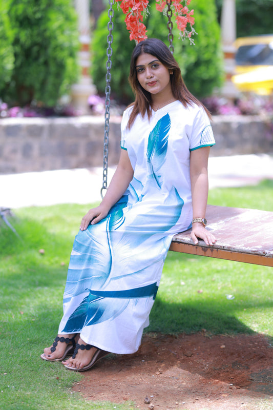 White With Green Leaf  Design Invisible  Center Zip Nighty