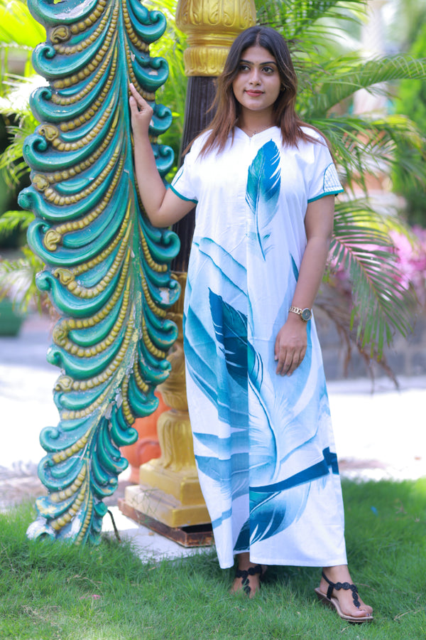 White With Green Leaf  Design Invisible  Center Zip Nighty