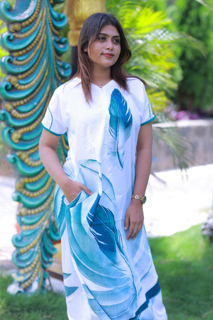White With Green Leaf  Design Invisible  Center Zip Nighty