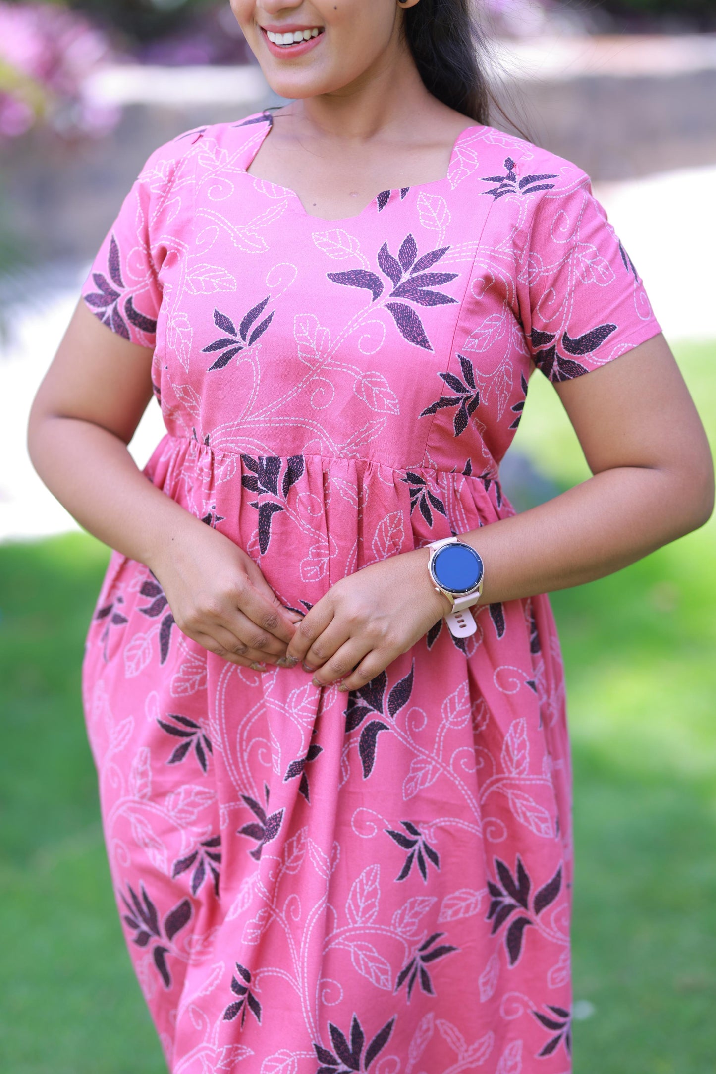 Pink with Block and white leaf design Alphine  Side zip Frock