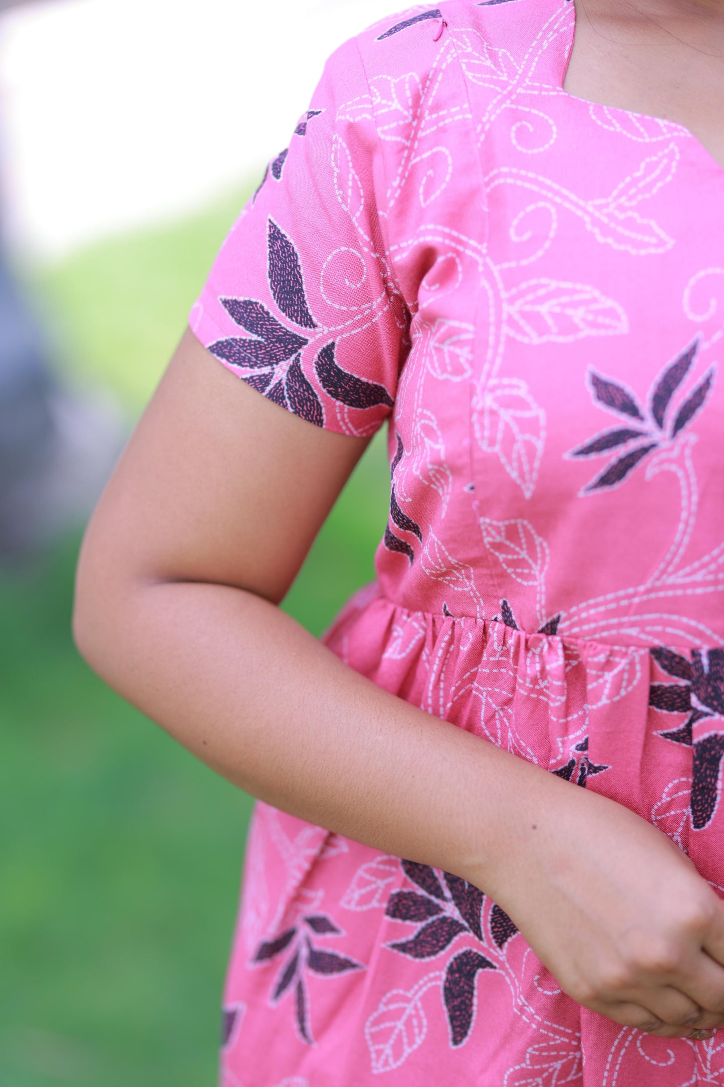 Pink with Block and white leaf design Alphine  Side zip Frock