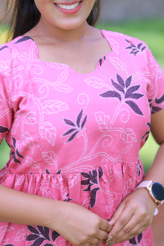 Pink with Block and white leaf design Alphine  Side zip Frock