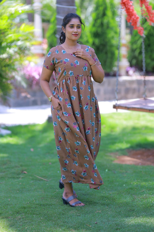 Brown with Green Flower Alphine design sidezip Frock