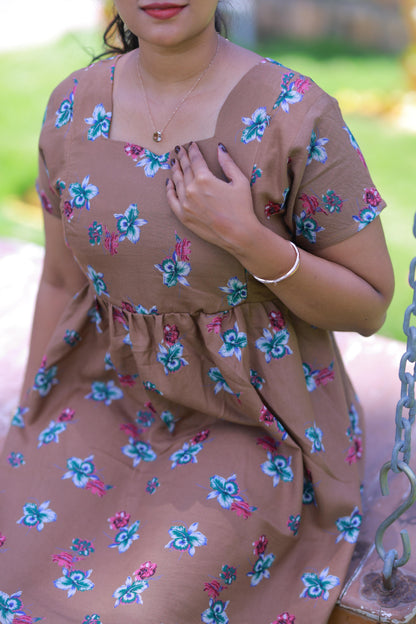 Brown with Green Flower Alphine design sidezip Frock