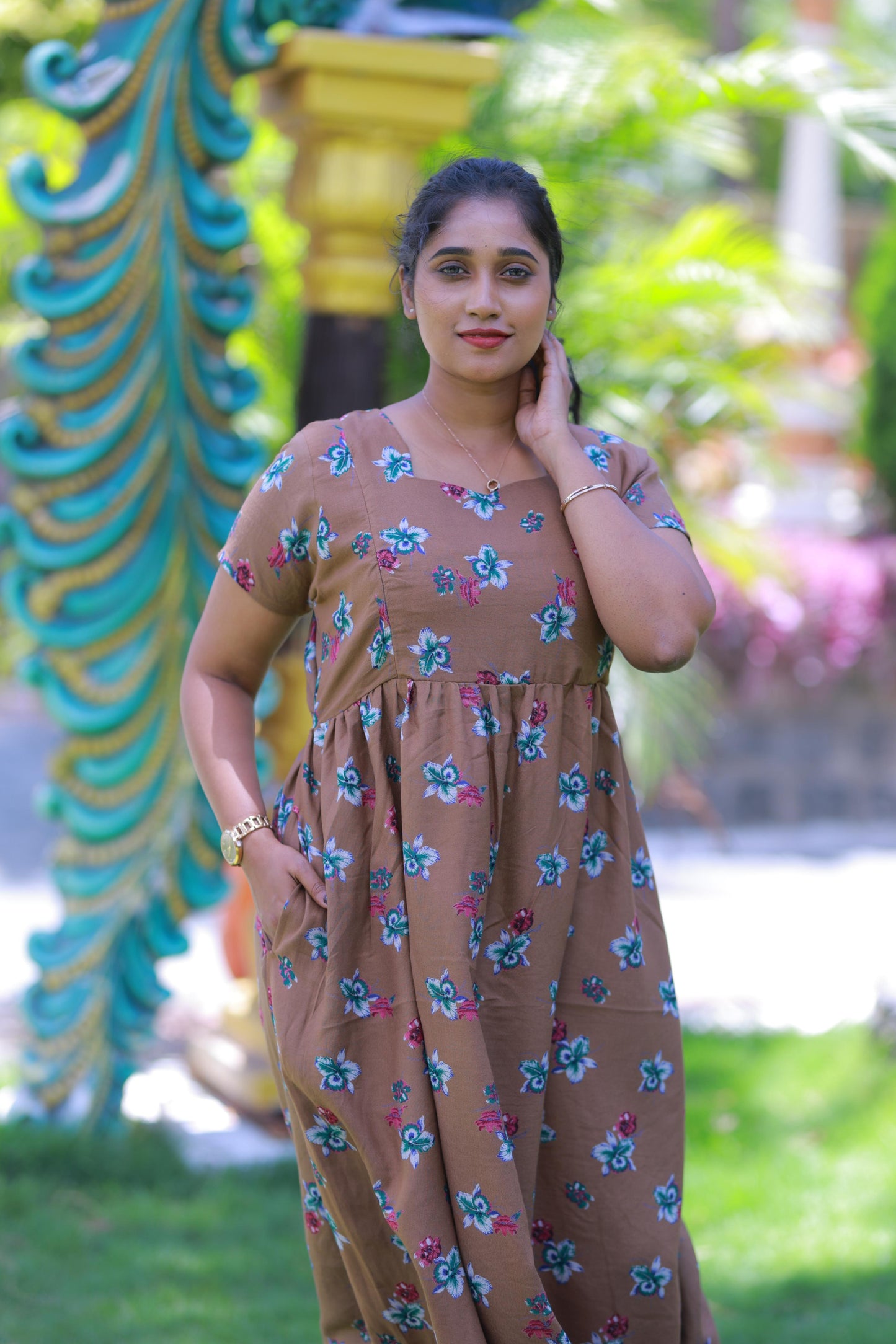 Brown with Green Flower Alphine design sidezip Frock